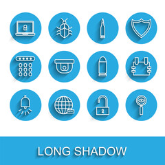 Set line Ringing alarm bell, Social network, Laptop and lock, Open padlock, Magnifying glass Search, Motion sensor, Bulletproof vest and icon. Vector