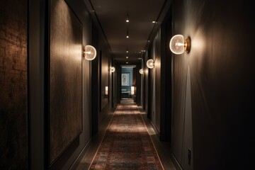 a dimly lit hallway with creative lighting, featuring a mix of warm and cool tones, created with generative ai