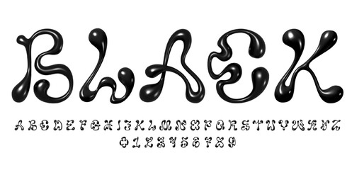 Y2K style liquid font, 3D volumetric English alphabet letters and numbers made of wavy molten plastic or black metal, vector illustration for 2000s or futuristic design