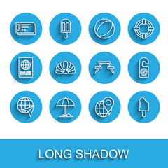 Fototapeta premium Set line Globe with flying plane, Sun protective umbrella for beach, Travel ticket, Location on the globe, Ice cream, Scallop sea shell, Please do not disturb and Picnic table benches icon. Vector