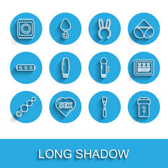 Set line Anal beads, Heart with text Sex, Condom in package safe sex, Leather whip, Vagina masturbator, Dildo vibrator, shop and icon. Vector