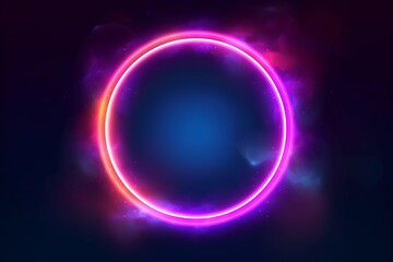 Step into the Future: A Neon Circle Frame with Smoke Cloud and Glowing Gradient Ring Illuminates a Realistic Night Scene in this Futuristic Portal Concept - Vector Illustration, Generative AI.