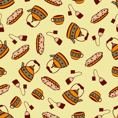 Seamless pattern with pie, teapot, mug and tea bag. Hygge in doodle style, on a light background
