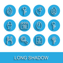 Set line Mask with long bunny ears, Search and easter egg, Easter, Greeting card Happy, Flower, Calendar, tulip and Broken icon. Vector