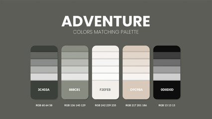 Color palette in Adventure colour theme collections. Color inspiration or color chart with codes template. Color combination set of RGB. Colors swatch for graphic design, art, fashion and web design.