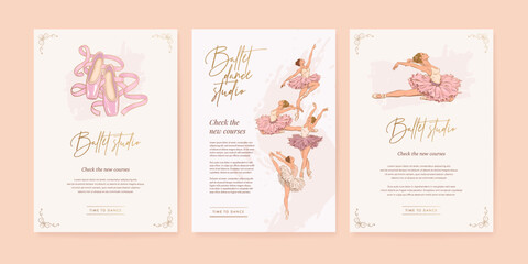 Set of ballet school poster template with hand drawn ballerina, pointe shoes and golden elements. Ballet studio banner of flyer. Vector illustration