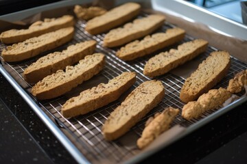 biscotti drying on tray after being baked, created with generative ai