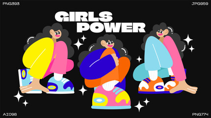 Retro cartoon characters emo girls. 90's hippie stickers in groovy style. Set of comic elements in trendy vintage funky style.Vector illustration	