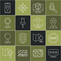 Set line Map pointer with star, Stop sign, Monitor location marker, Push pin, Road traffic, City map navigation and icon. Vector