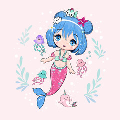 Beautiful mermaid and colorful jellyfish in anime style. Vector illustration on a pink background. Print for children's T-shirt