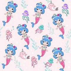 Beautiful mermaid and colorful jellyfish in anime style seamless pattern. Vector illustration on a pink background. Print for children's T-shirt