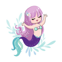 Cute cartoon illustration mermaid on a white background. T-shirt art, pajamas