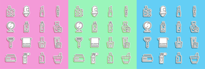 Set line Mortar and pestle, Cream lotion cosmetic tube, Lipstick, Spray can for hairspray, Round makeup mirror, Bottle of shampoo sponge and Perfume icon. Vector