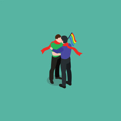 Fototapeta na wymiar Gay couple kissing while holding rainbow flag isometric 3d vector illustration concept for banner, website, illustration, landing page, flyer, etc.