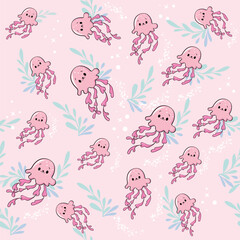 Pink jellyfish seamless pattern on a pink background. Vector illustration isolated on white background. Print for children's T-shirt, pajamas