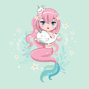 Beautiful cartoon mermaid and whal in kawaii anime style. Vector illustration art isolated on a blue background. Print for children's T-shirt