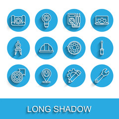 Fototapeta premium Set line Gear and arrows as workflow process, Location with wrench spanner, Graphing paper gear, Pencil, Wrench, Worker safety helmet, Screwdriver and icon. Vector