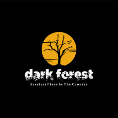 Old Drying Tree With Full Moon Logo Design, Dead Tree Silhouette At Full Moon