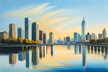 city skyline at sunset, reflection on water, Generative AI