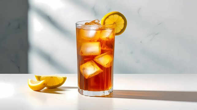 a glass filled with iced tea garnished with fresh lemon slices and mint leaves. AI Generative Image 
