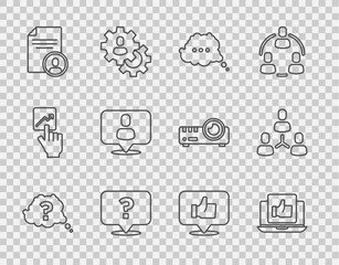 Set line Question mark, Hand like, Speech bubble chat, Resume, Head hunting, and Project team base icon. Vector