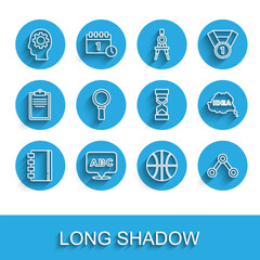 Set line Spiral notebook, Alphabet, Head with gear inside, Basketball ball, Molecule, Magnifying glass, Idea, speech bubble and Old hourglass sand icon. Vector