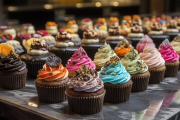 gourmet cupcake shop, with a variety of flavors and designs, created with generative ai
