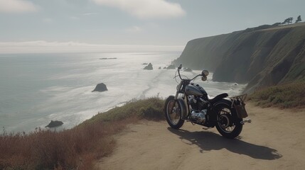 Obraz premium Experience the ultimate adventure on a motorcycle ride along breathtaking coastal routes. Generated by AI.
