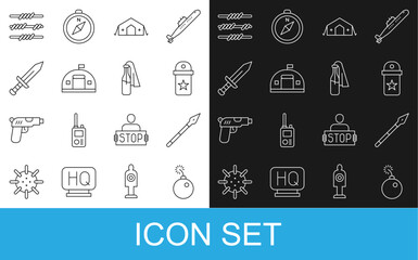 Set line Bomb ready to explode, Medieval spear, Chevron, Military medical tent, barracks, Sword, Barbed wire and Cocktail molotov icon. Vector