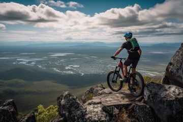 Fototapeta na wymiar enthusiast mountain biking over rocky terrain with view of the valley below, created with generative ai