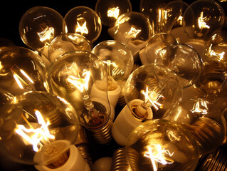 Electric bulbs closeup as symbol of inspiration idea or discovery invention. Lightbulb as concept for International Day of Light. Generative AI
