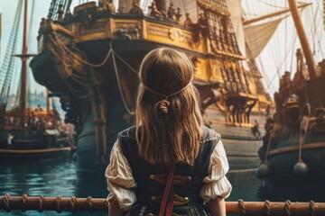Pirate girl aboard pirate ship. Generate Ai - obrazy, fototapety, plakaty
