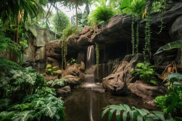 exotic pet habitat featuring waterfall and lush greenery, created with generative ai