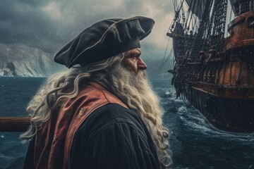 Pirate old senior aboard pirate ship. Generate Ai - obrazy, fototapety, plakaty