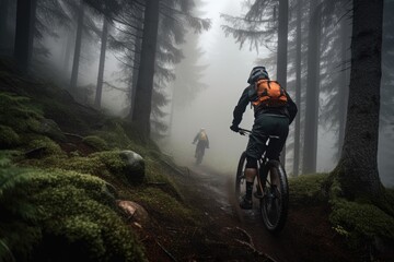 Naklejka premium mountain biker riding through misty forest, with view of distant peaks, created with generative ai