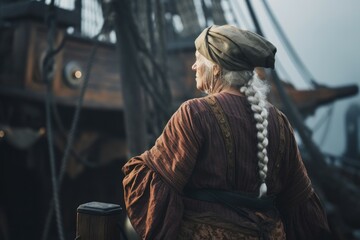 Pirate old woman aboard pirate ship. Generate Ai - obrazy, fototapety, plakaty