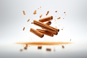 Cinnamon Sticks Levitate On a White Background