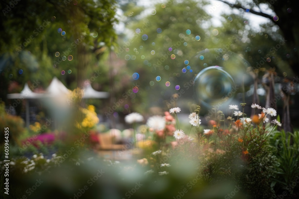 Sticker bokeh garden, with blurred trees and flowers in the foreground, created with generative ai