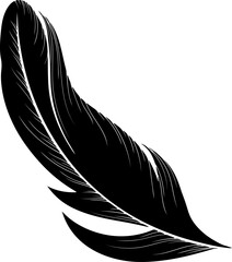Feather bird silhouette. Black vector hand drawn illustration isolated on white. Simple flat style. Plumelet floating icon