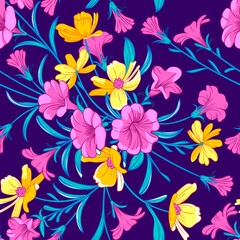 Fototapeta na wymiar Hand drawn colorful seamless pattern with beautiful garden flowers and leaves on blue background. Vector illustration, retro style.