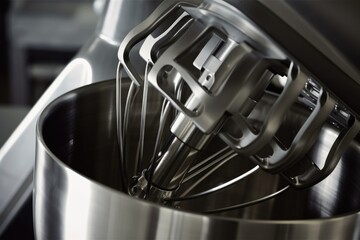 close-up of commercial mixer, with the blades in motion, created with generative ai