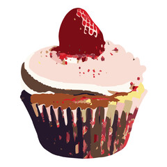 Vector cupcake with a strawberry on it. Cupcake, strawberry, cake, dessert, sweet, cream, bakery.