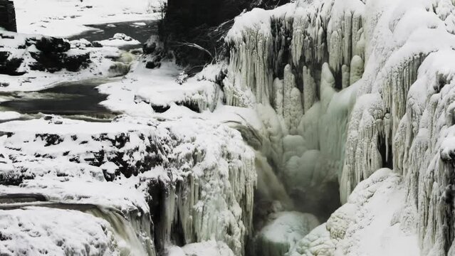 Icicles At The Rainbow Falls In Ausable Chasm In New York On A Winter Day. static