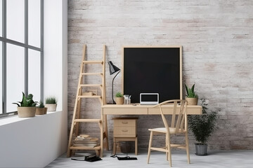 Fototapeta premium Interior of modern living room with furniture and empty picture frame. Mock up, 3D Rendering