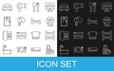 Set line Suitcase, Hotel room bed, Five stars rating review, Fork and spoon, door lock key, Shower cabin, and icon. Vector