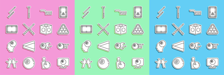 Set line Location with billiard ball, Billiard, balls in rack triangle, Pool table brush, Crossed cues, and chalk icon. Vector