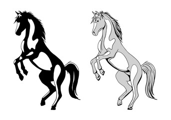 Vector drawing of black and white graphic horses standing upright