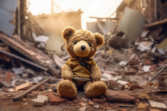 teddy bear sitting on a pile of rubble representing the loss. generative AI