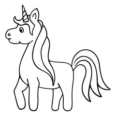 Unicorn. Magic horse with a horn on its head. Sketch. Vector illustration. Doodle style. Cute pony with a lush mane and tail. Coloring book. Outlines on an isolated background. Idea for web design.