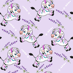 Cute zebra with colorful stripes and lavender flowers seamless pattern. Vector cartoon illustration